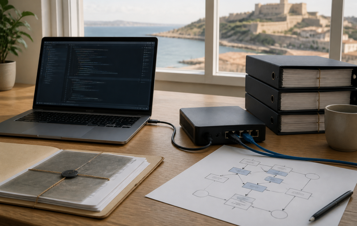 Editorial illustration showing an AI prototype workflow with documents, a laptop and secure network equipment.