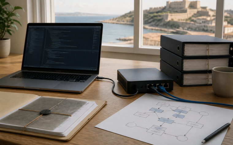 Editorial illustration showing an AI prototype workflow with documents, a laptop and secure network equipment.
