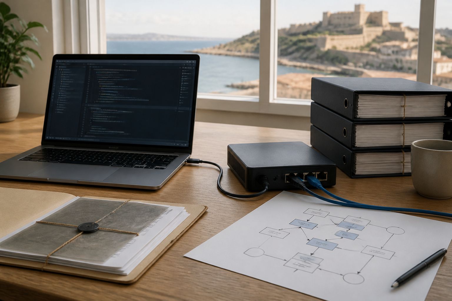 Editorial illustration showing an AI prototype workflow with documents, a laptop and secure network equipment.