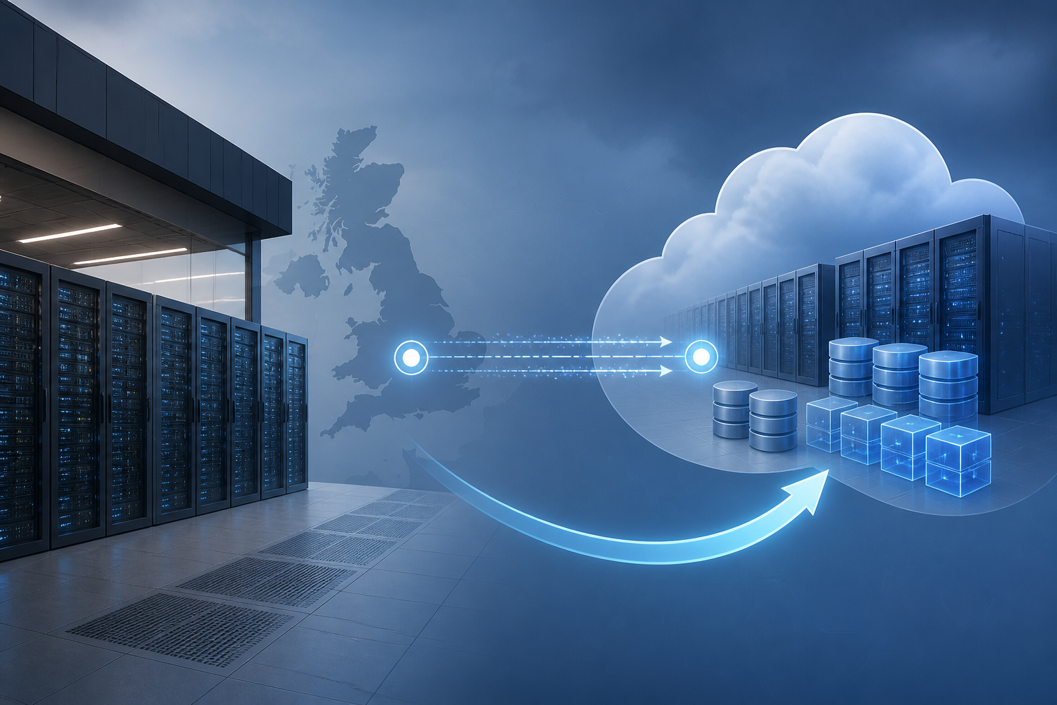 Editorial illustration of enterprise disaster recovery replication between on-premises infrastructure and Azure cloud.