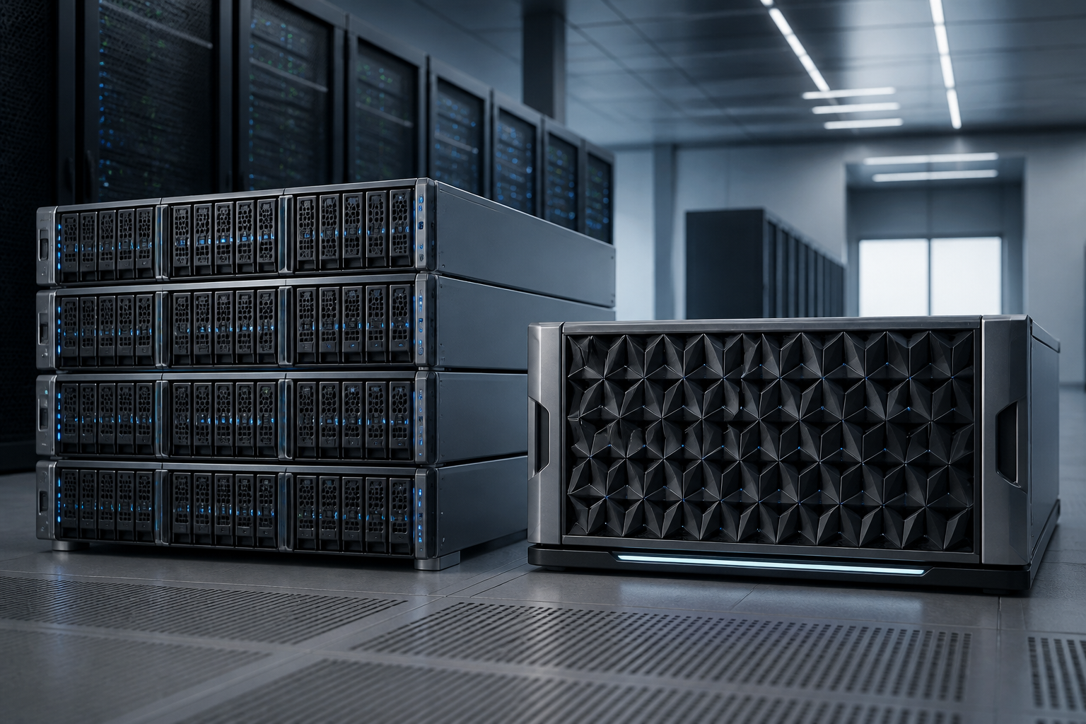 Editorial illustration comparing two enterprise storage platforms in a data centre