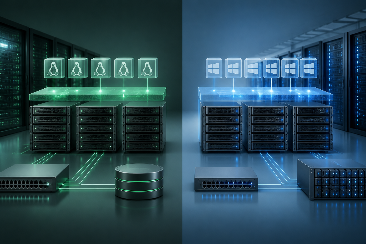 Editorial illustration of Proxmox and Hyper-V enterprise virtualisation environments side by side.