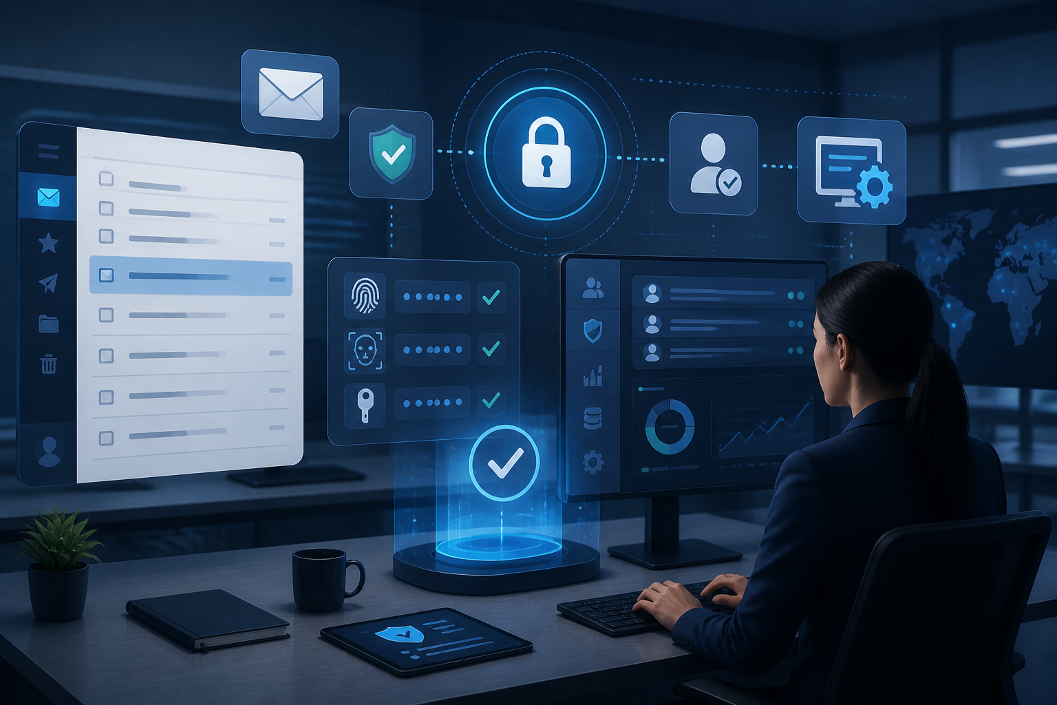 Editorial illustration of identity-driven ransomware recovery with email and token security layers.