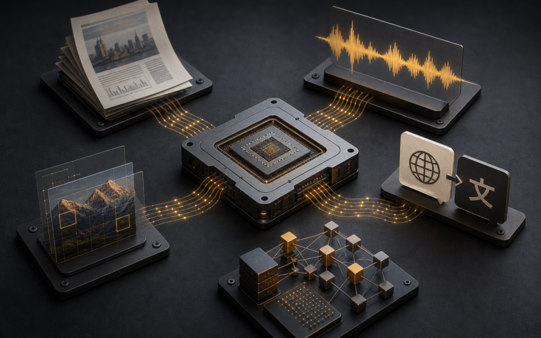 Illustration of connected AWS AI service categories for foundation models, machine learning, document processing, speech, language and image analysis.