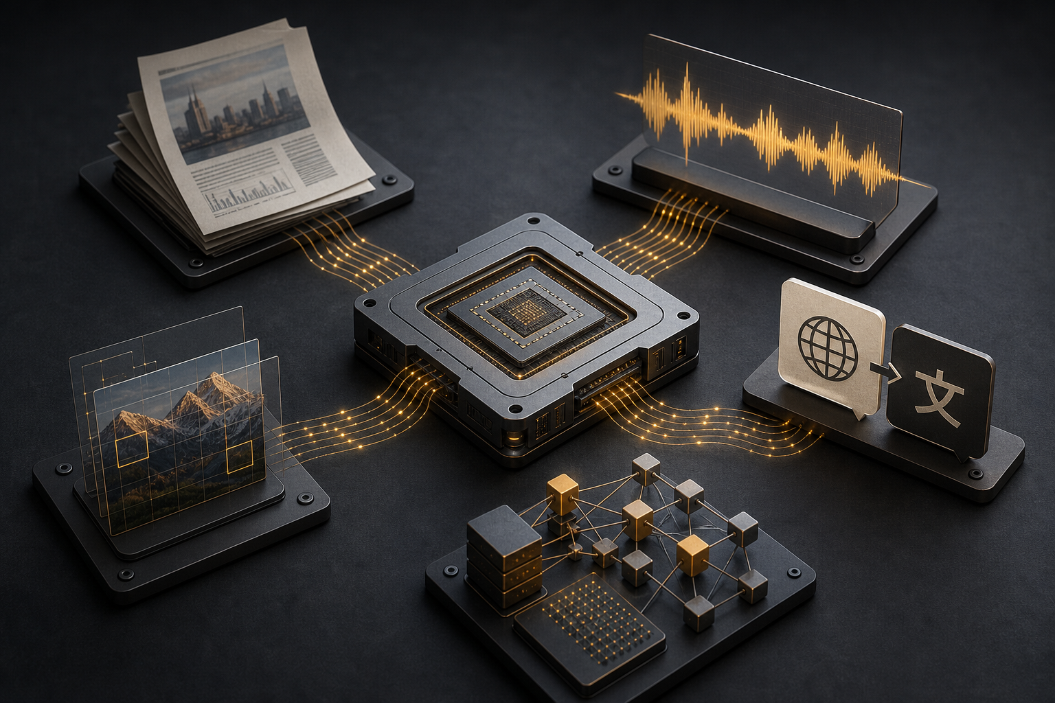 Illustration of connected AWS AI service categories for foundation models, machine learning, document processing, speech, language and image analysis.