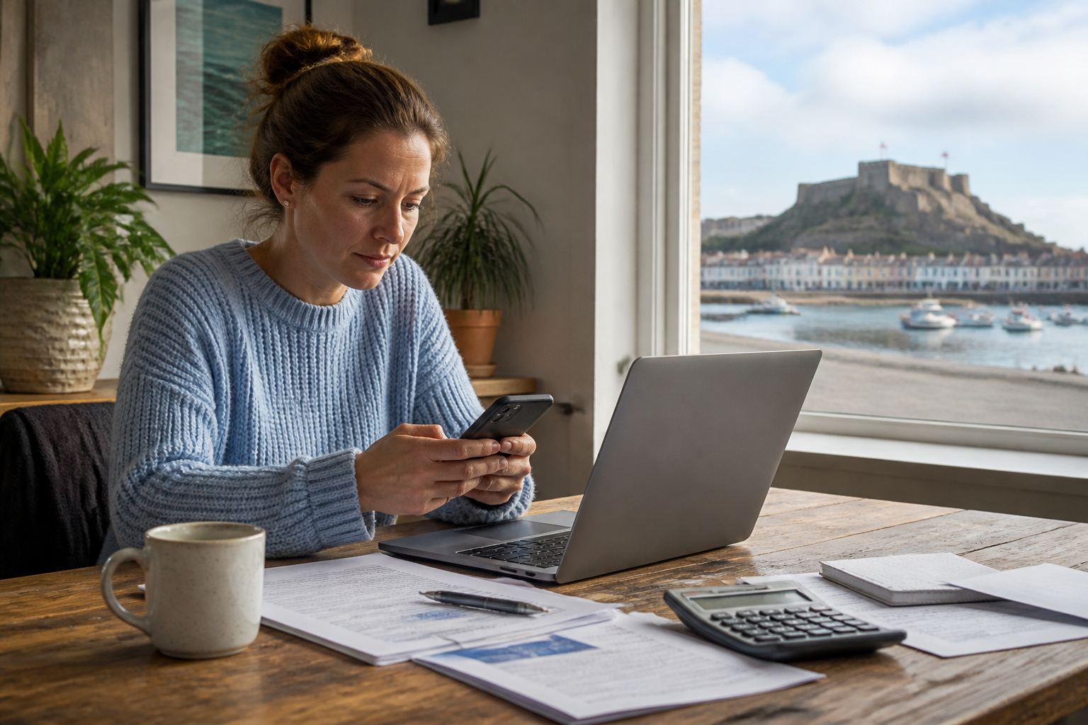 A Jersey resident reviewing a credit application online on a laptop and phone