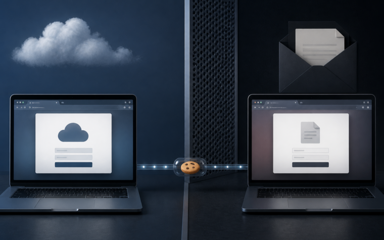 Illustration of an adversary-in-the-middle phishing relay capturing a Microsoft 365 browser session after MFA.