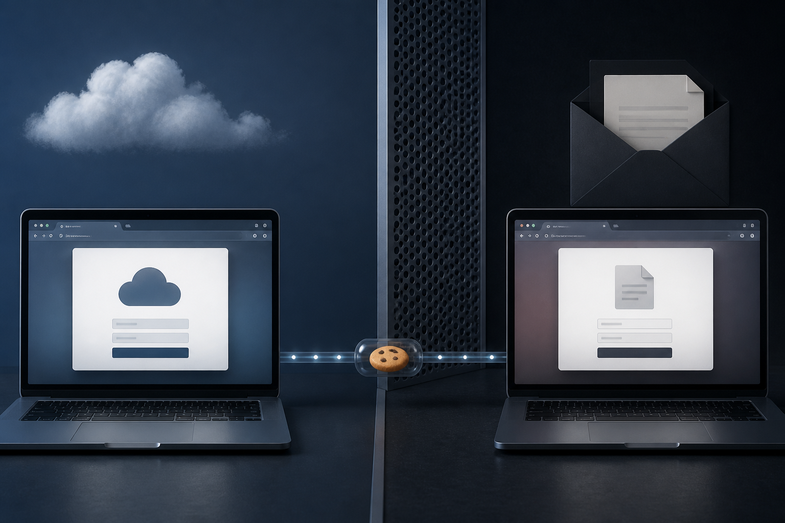 Illustration of an adversary-in-the-middle phishing relay capturing a Microsoft 365 browser session after MFA.