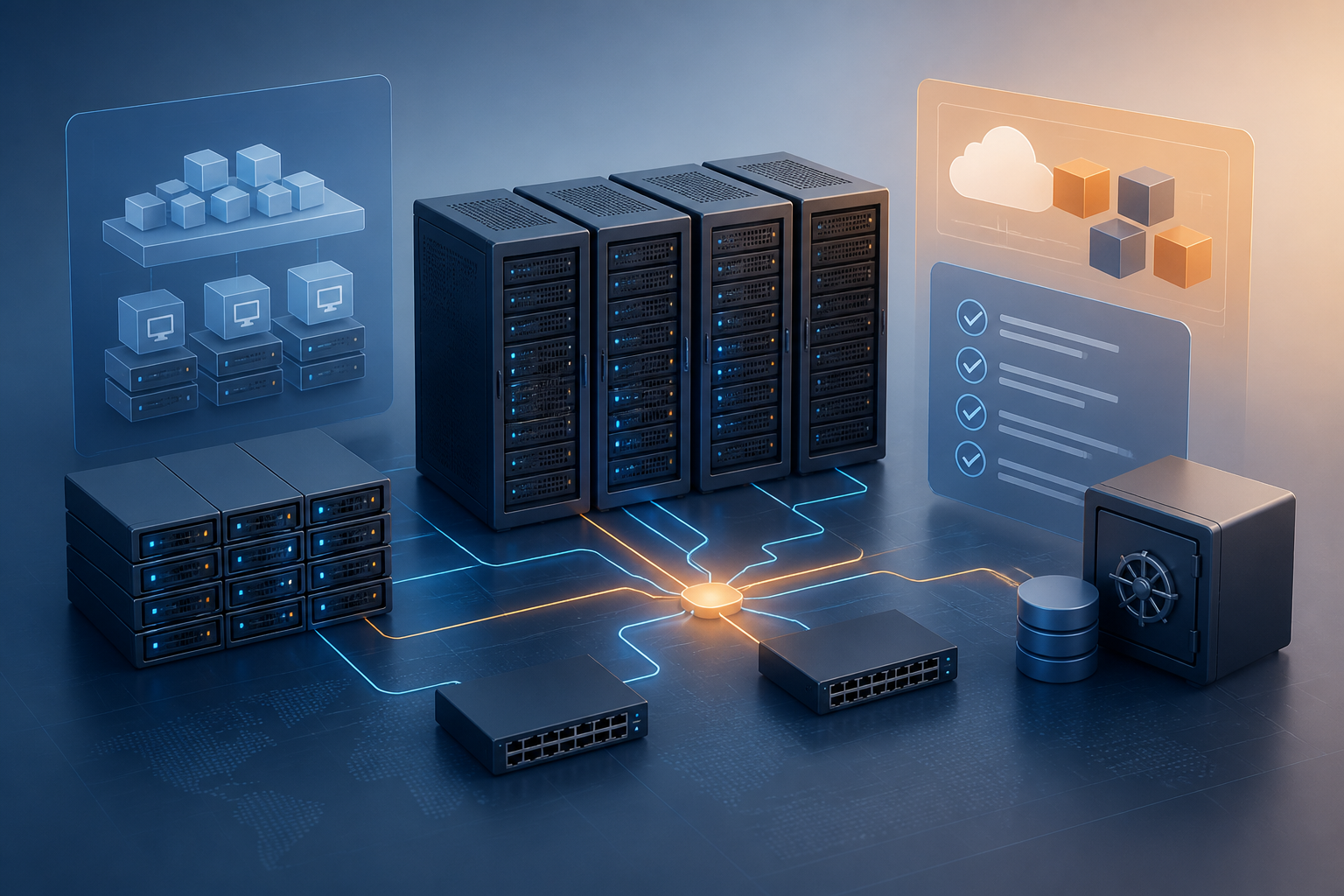 Illustration of an enterprise virtualisation stack with servers, storage, networking and backup planning elements.